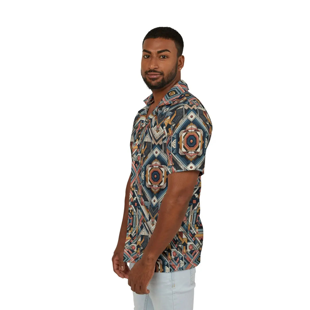 Vibrant Geometric Hawaiian Camp Shirt - Linen Look - Dipaliz