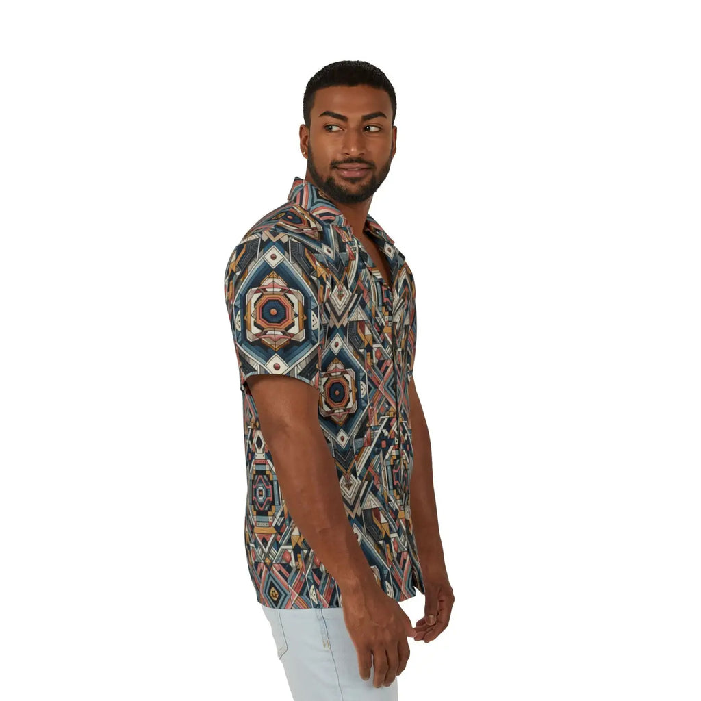 Vibrant Geometric Hawaiian Camp Shirt - Linen Look - Dipaliz