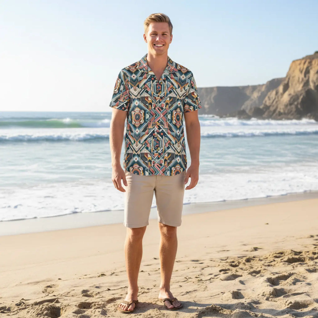 Vibrant Geometric Hawaiian Camp Shirt - Linen Look - Dipaliz