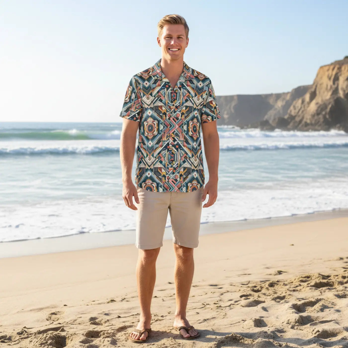 Vibrant Geometric Hawaiian Camp Shirt - Linen Look - Dipaliz