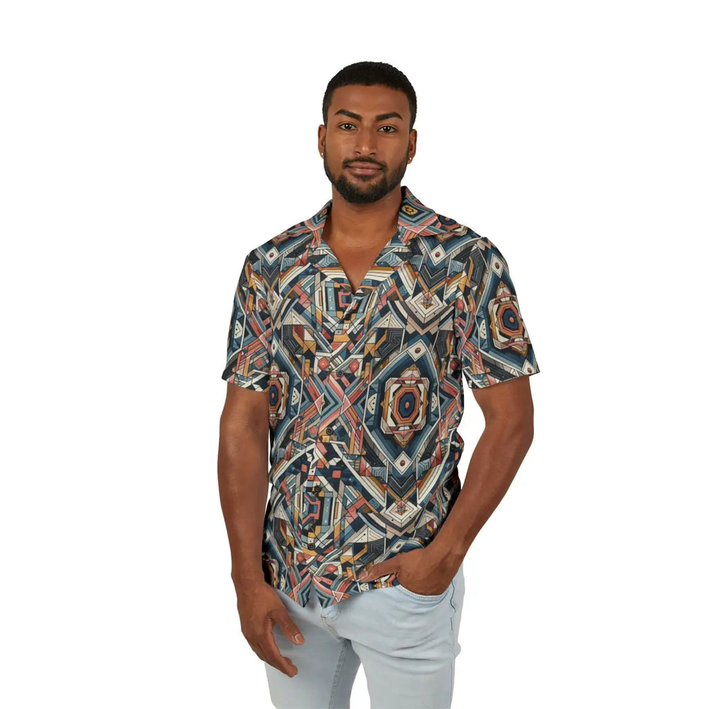 Vibrant Geometric Hawaiian Camp Shirt - Linen Look - Dipaliz