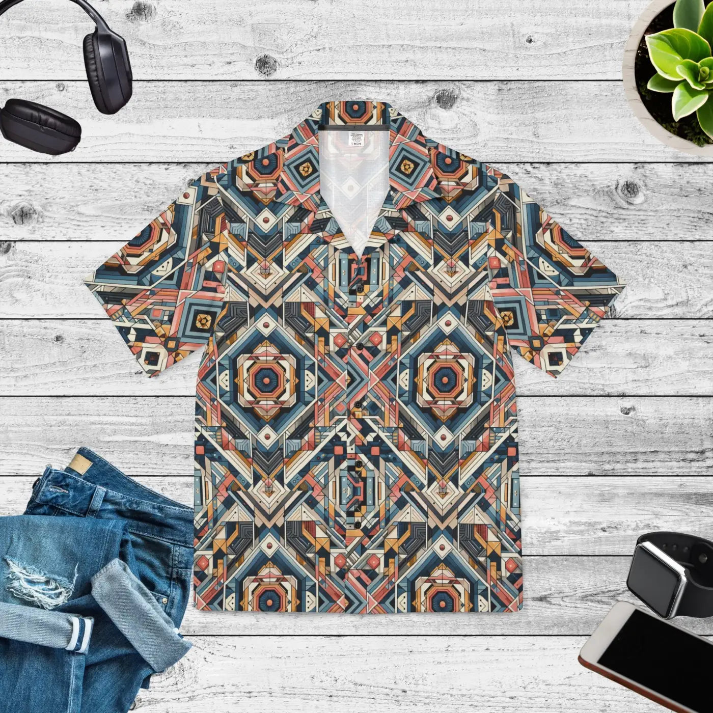 Vibrant Geometric Hawaiian Camp Shirt - Linen Look - Dipaliz
